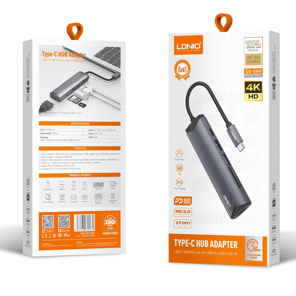 موزع متعدد الوظائف LDNIO DS-56H USB-C بدعم شحن سريع 100 واط وتصميم حديث متعدد المنافذ