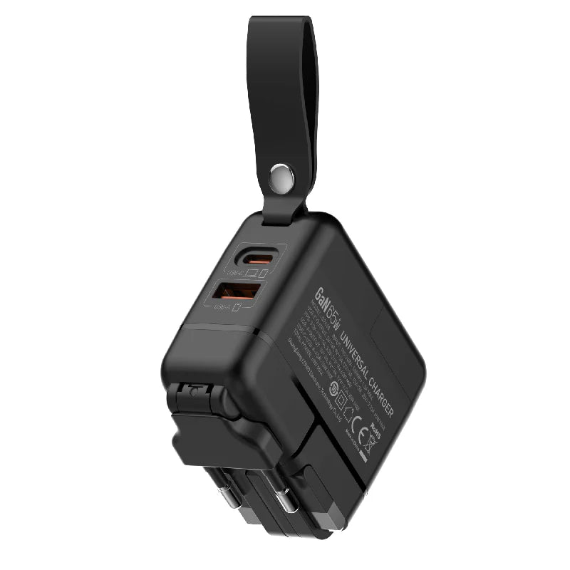 شاحن جداري سريع 65واط منفذ USB-A / منفذ Type-C / أسود - الصورة 2