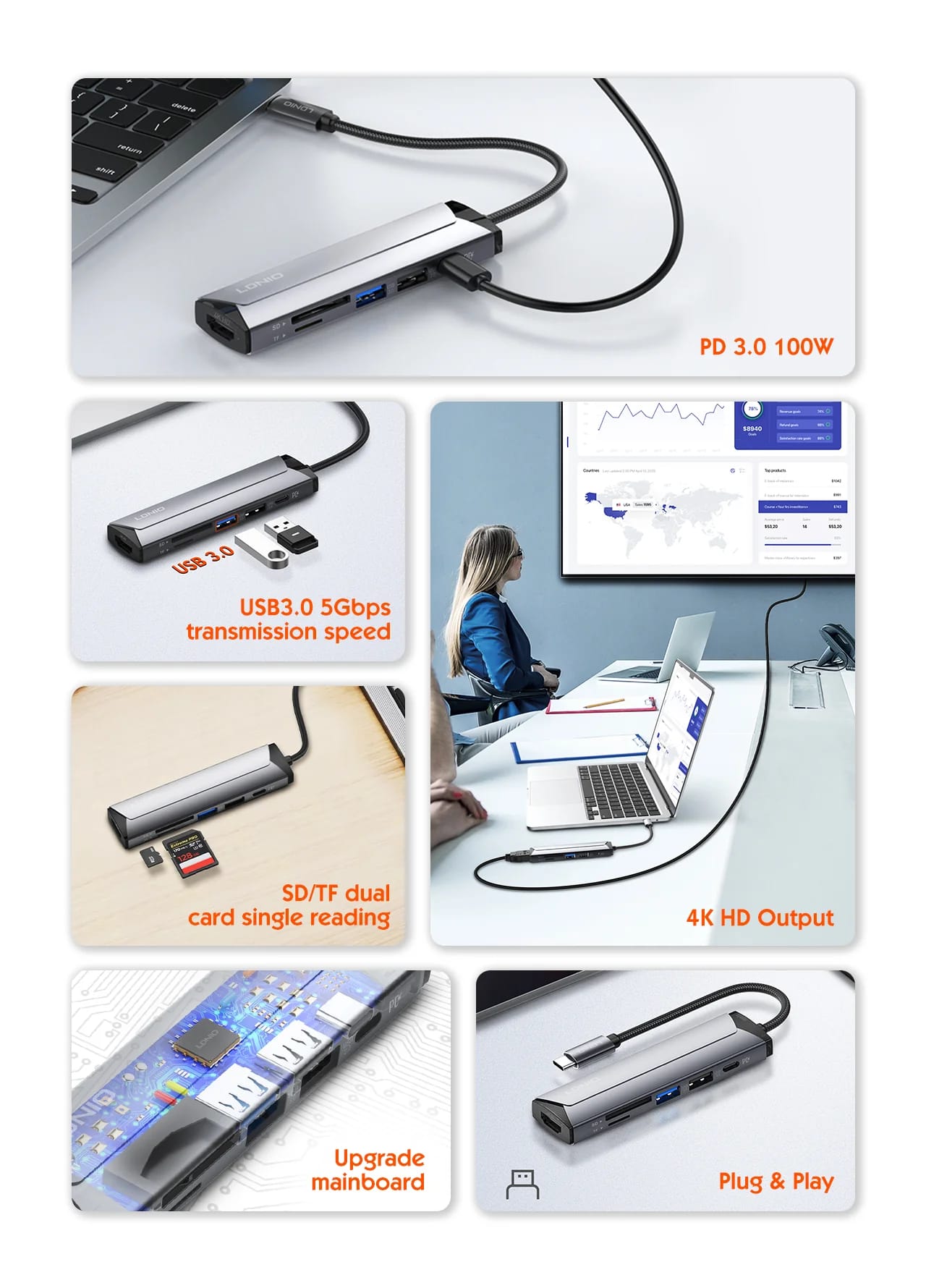 موزع متعدد الوظائف LDNIO DS-56H USB-C بدعم شحن سريع 100 واط وتصميم حديث متعدد المنافذ - الصورة 4